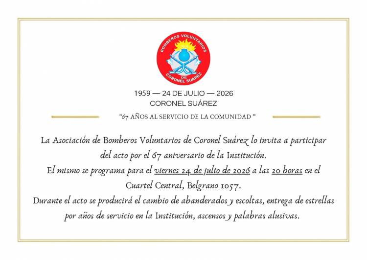 Bomberos Voluntarios de Coronel Suárez celebran su 67° aniversario