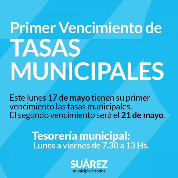 Vencimiento de tasas municipales del mes de mayo