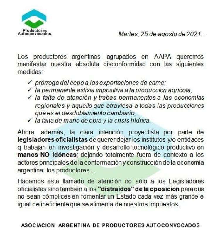 Comunicado de la Asociación Argentina de Productores Autoconvocados