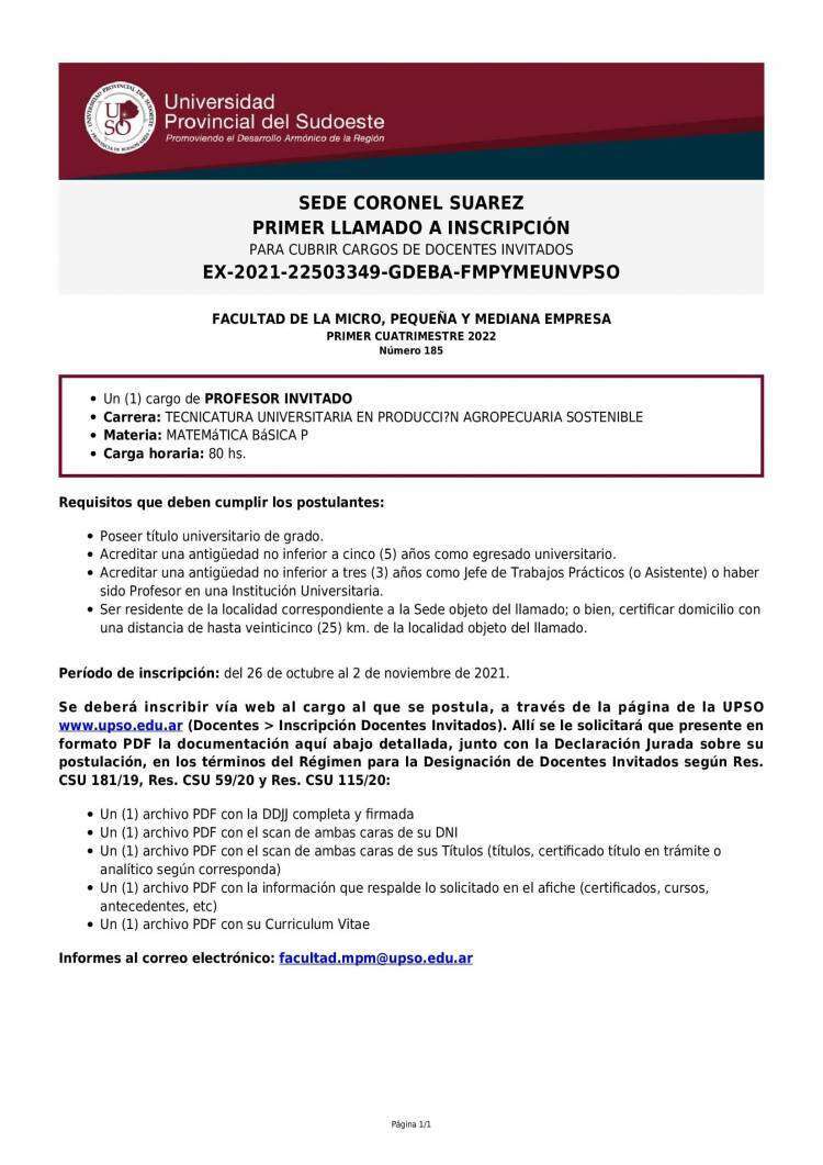 UPSO informa que están abiertos los primeros llamados para cargos docentes y de auxiliar