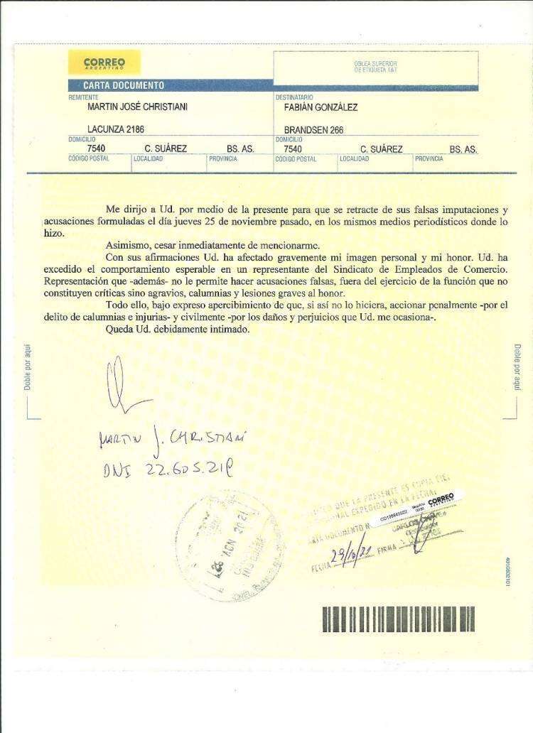 Martín Christiani envió una carta documento a Fabián González