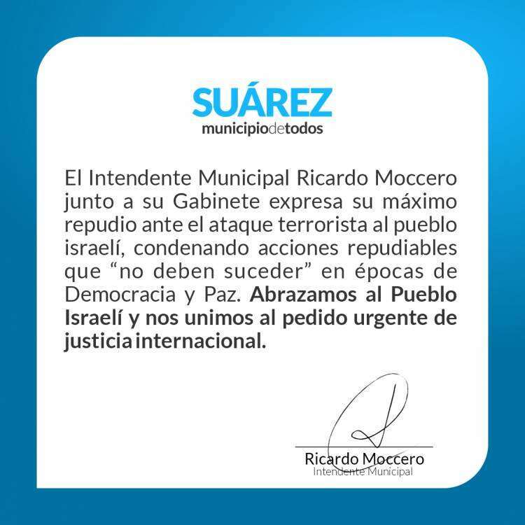 Comunicado del Intendente Municipal Ricardo Moccero en repudió a los ataques terroristas en Israel