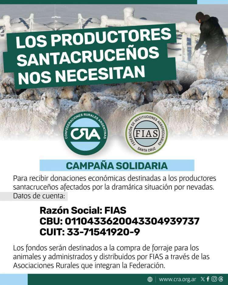 CRA junto a FIAS dispusieron la apertura de una cuenta bancaria para recibir donaciones destinadas a los productores santacruceños