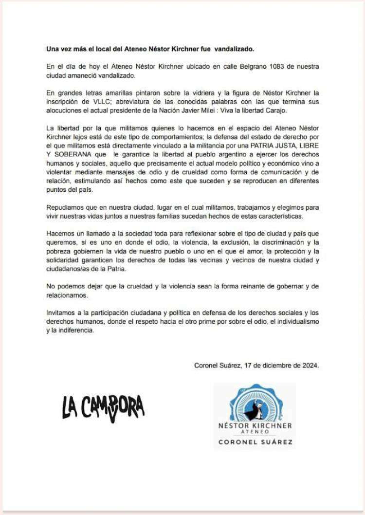 Vandalizaron el local del Ateneo Néstor Kirchner
