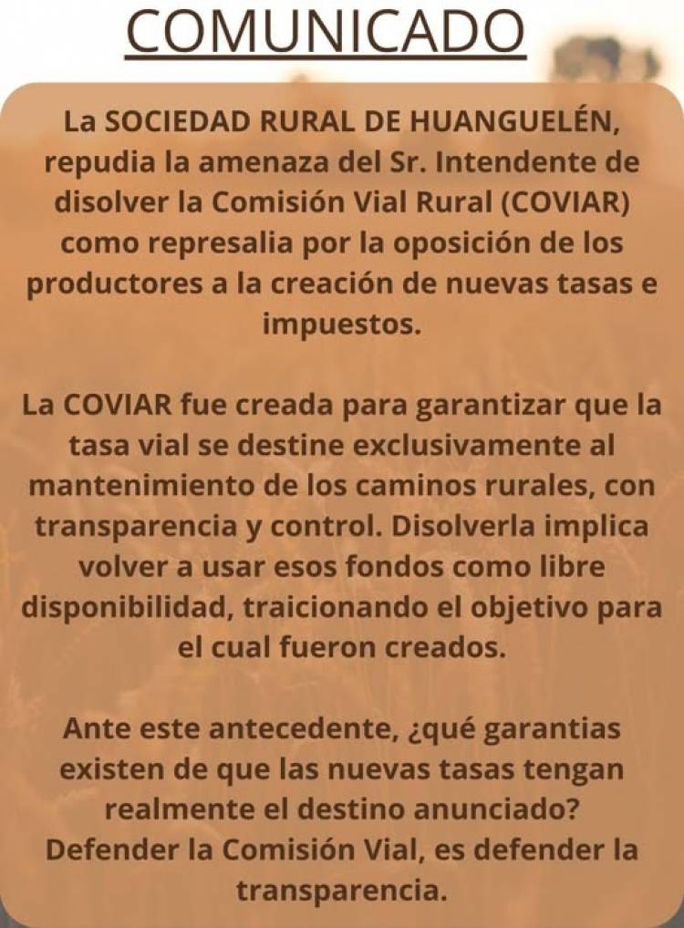 La Sociedad Rural de Huanguelén repudia la amenaza de disolver la Comisión Vial Rural