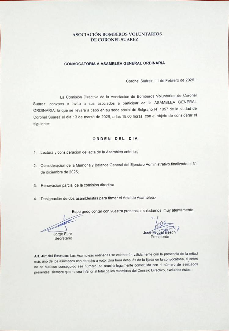 ASOCIACIÓN BOMBEROS VOLUNTARIOS DE CORONEL SUAREZ - CONVOCATORIA A ASAMBLEA GENERAL ORDINARIA