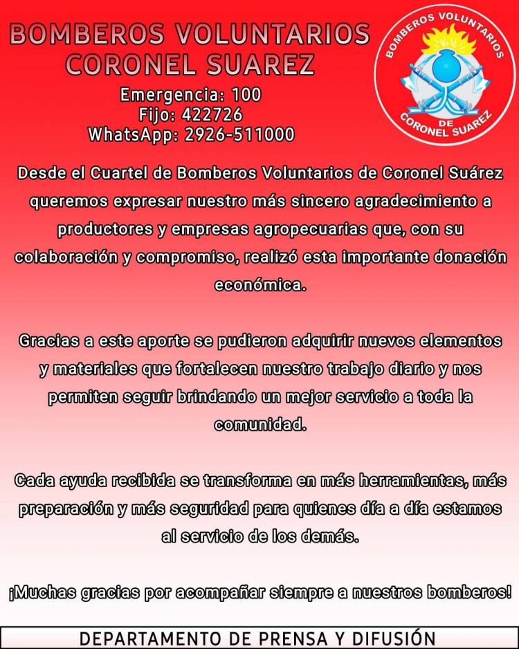 Bomberos Voluntarios incorporó nuevos equipos gracias al apoyo del sector agropecuario
