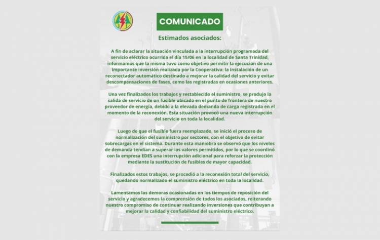 Comunicado de la Cooperativa Eléctrica "San José"