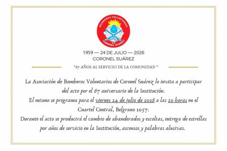 Bomberos Voluntarios de Coronel Suárez celebran su 67° aniversario