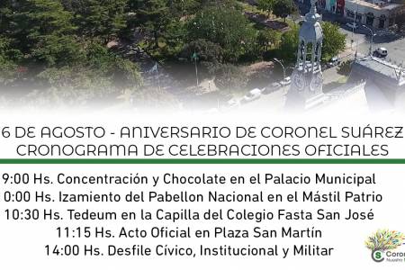 Cronograma de actos y festejos por el 195° aniversario de la Batalla de Junín, el 137° aniversario de la creación del distrito y el 136° aniversario de la creación de la ciudad cabecera