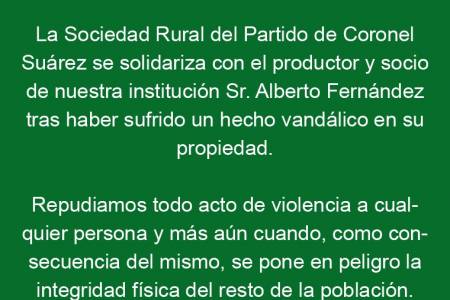 La Sociedad Rural repudia el hecho vandálico contra la propiedad de Alberto Fernández 