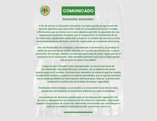 Comunicado de la Cooperativa Eléctrica "San José"